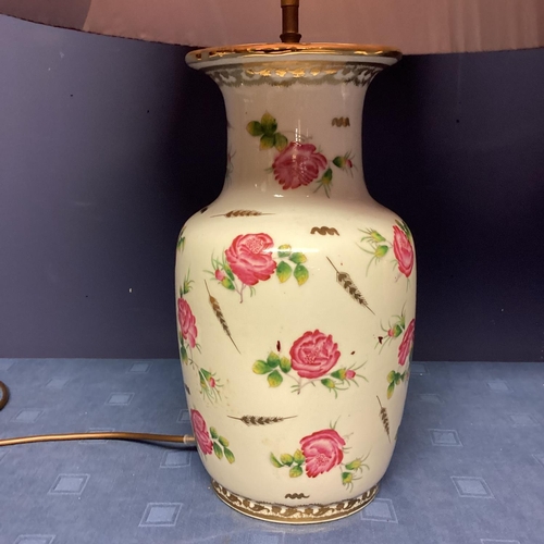 252 - Pair of china lamps, decorated pink flowers, with pink POOKY silk pleated lampshades, lamps 36cmH