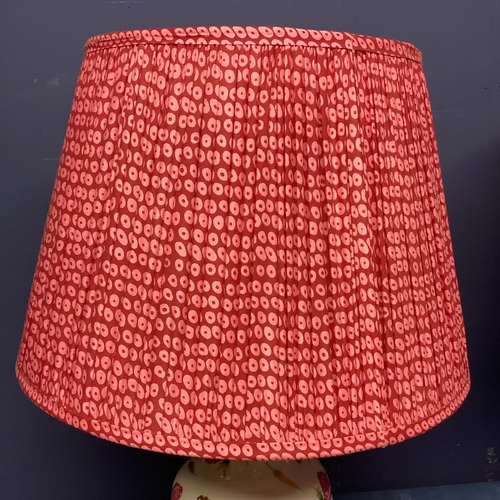 252 - Pair of china lamps, decorated pink flowers, with pink POOKY silk pleated lampshades, lamps 36cmH