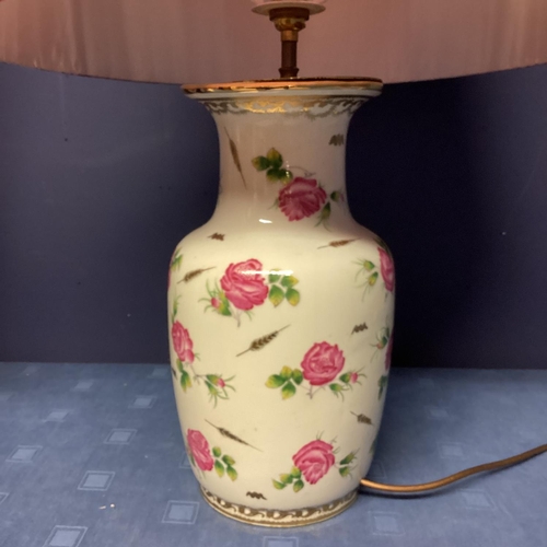 252 - Pair of china lamps, decorated pink flowers, with pink POOKY silk pleated lampshades, lamps 36cmH