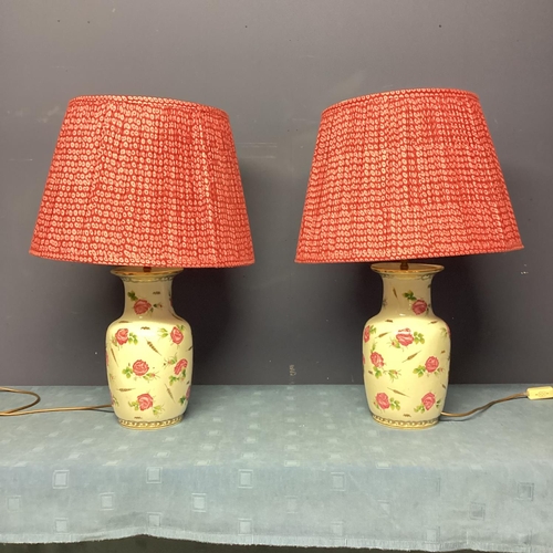 252 - Pair of china lamps, decorated pink flowers, with pink POOKY silk pleated lampshades, lamps 36cmH