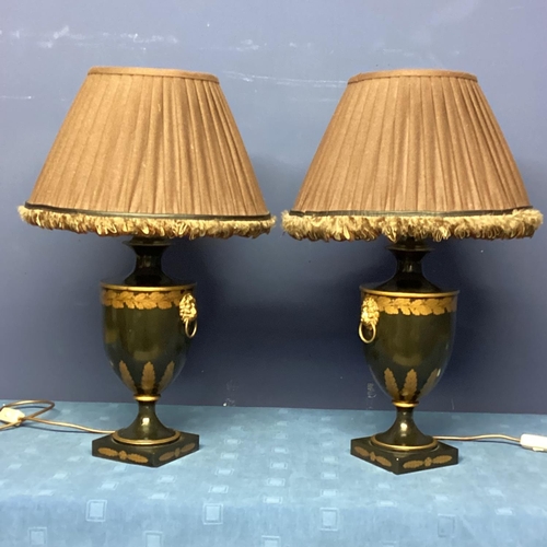 253 - Pair of black and gold lamps, on stepped base, with lion mask handles,  in the classical Grand Tour ... 