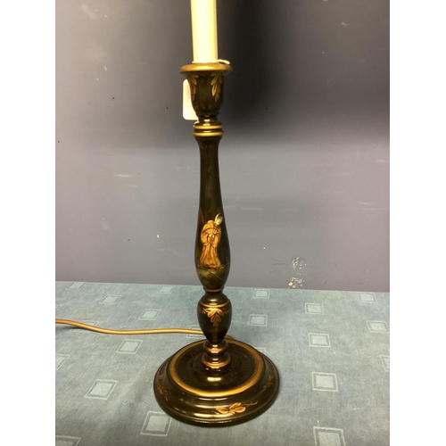 254 - Pair of tall narrow black and chinoiserie Chinese style lamps , with cream and brown plated silk sha... 