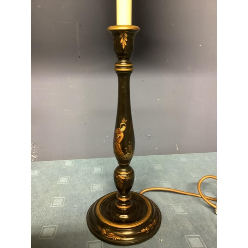 254 - Pair of tall narrow black and chinoiserie Chinese style lamps , with cream and brown plated silk sha... 