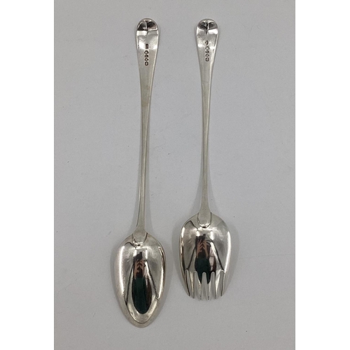 26 - A sterling silver serving spoon and fork, London 1790, 232g