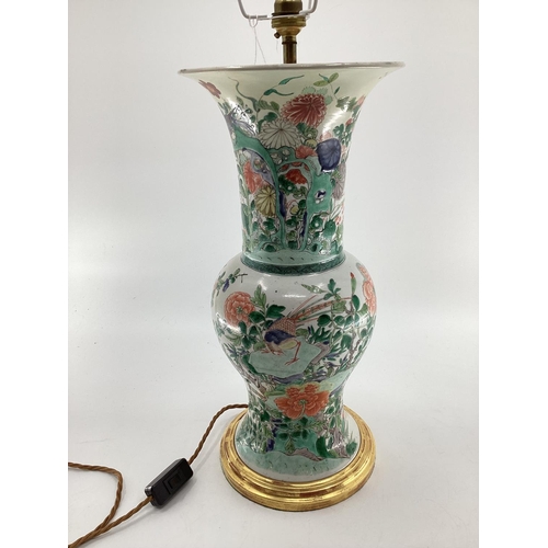 263 - A good Chinese style Famille verte pattern lamp with cream pleated shade, CERAMIC lamp ONLY 46cmH.  ... 