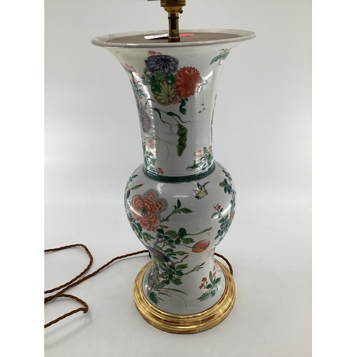 263 - A good Chinese style Famille verte pattern lamp with cream pleated shade, CERAMIC lamp ONLY 46cmH.  ... 