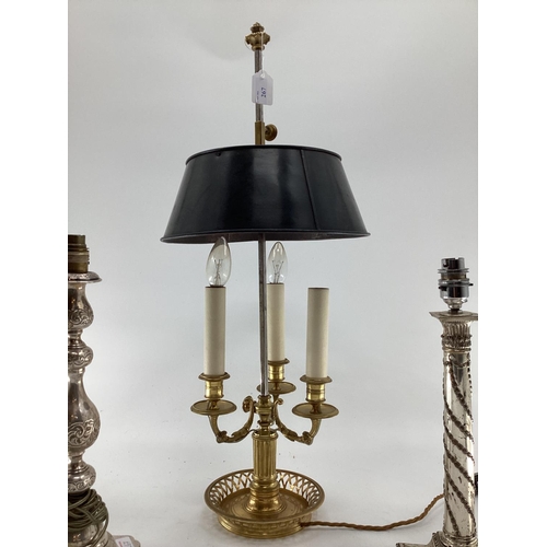 267 - 3 branch brass desk lamp and two other lamp bases