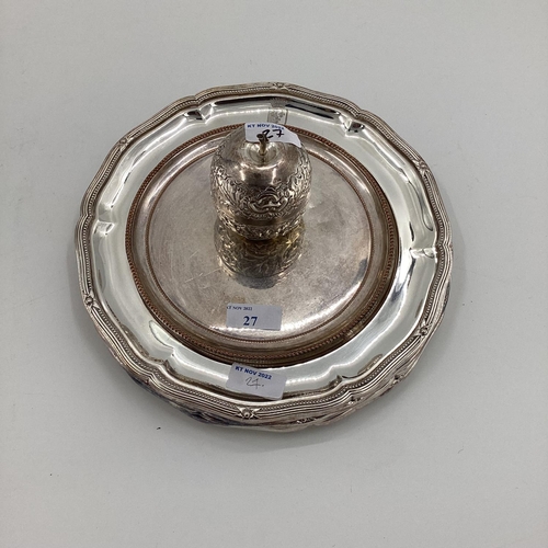 27 - A small Egyptian silver lidded bowl together with a set of four silver plated dishes and one smaller... 