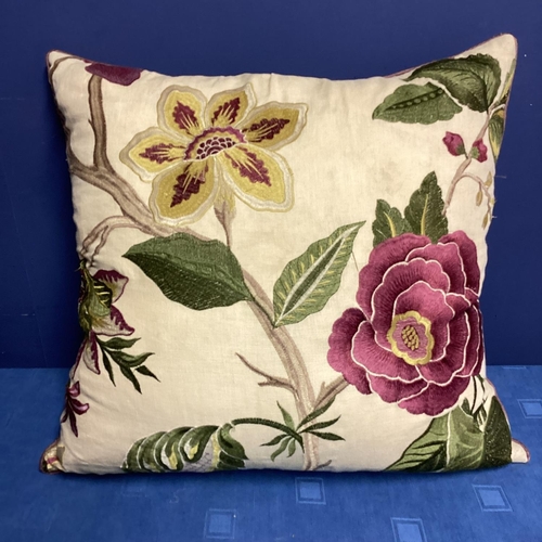 270 - A set of four bespoke good silk and velvet cushions, decorated cream ground and purple and green fol... 