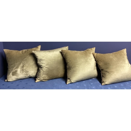 270 - A set of four bespoke good silk and velvet cushions, decorated cream ground and purple and green fol... 