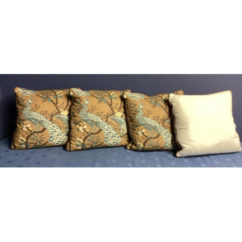 271 - A set of four good cushions, decorated brown ground and blue exotic birds,  and cream backs, see all... 