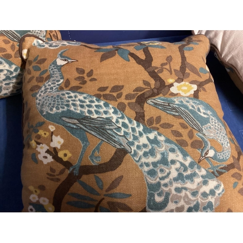 271 - A set of four good cushions, decorated brown ground and blue exotic birds,  and cream backs, see all... 