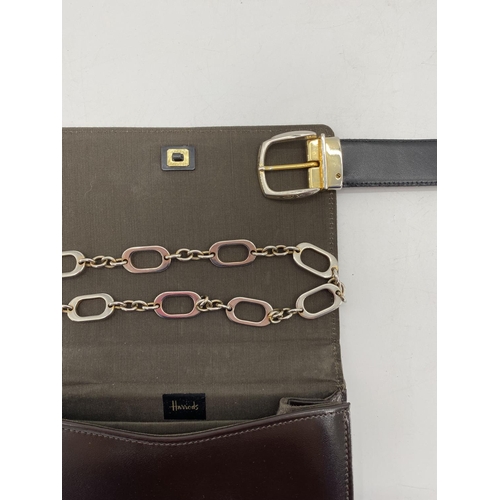 307 - Brown leather small handbag, with silver metal chain strap, Harrods, in good condition, Harrods labe... 