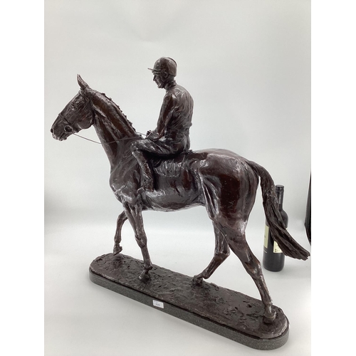 315 - EMMA MACDERMOTT: A superb large patinated bronze figure of ARKLE AND PAT TAAFE; mounted on a polishe... 