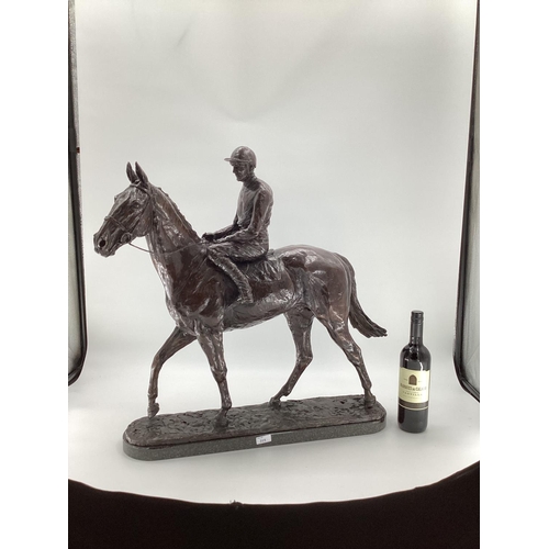 315 - EMMA MACDERMOTT: A superb large patinated bronze figure of ARKLE AND PAT TAAFE; mounted on a polishe... 