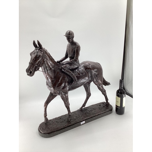 315 - EMMA MACDERMOTT: A superb large patinated bronze figure of ARKLE AND PAT TAAFE; mounted on a polishe... 