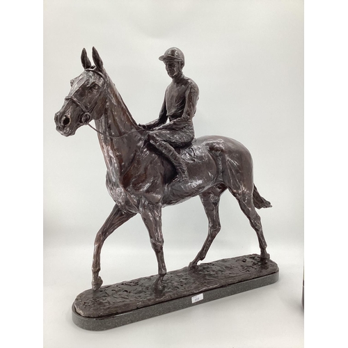 315 - EMMA MACDERMOTT: A superb large patinated bronze figure of ARKLE AND PAT TAAFE; mounted on a polishe... 