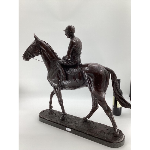 315 - EMMA MACDERMOTT: A superb large patinated bronze figure of ARKLE AND PAT TAAFE; mounted on a polishe... 