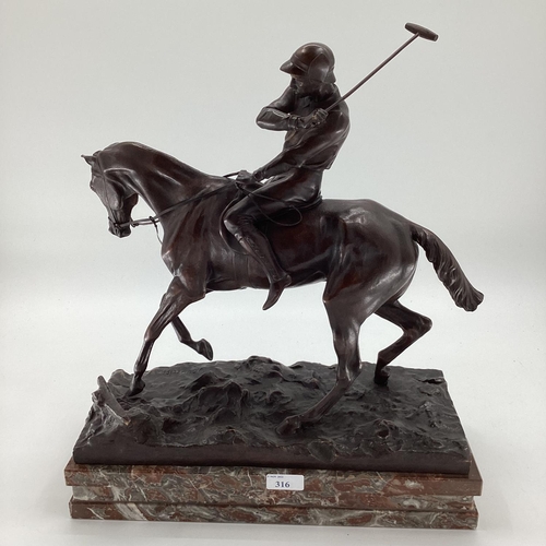 316 - JOSEPH CUVELIER (1833-1870) A patinated bronze figure of a polo player c 1866, mounted on a marble b... 