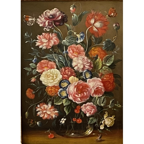 322 - Manner of Jan Van Kessel, Still Life of Morning Glory, Peonies, Roses, Carnations in a glass vase wi... 