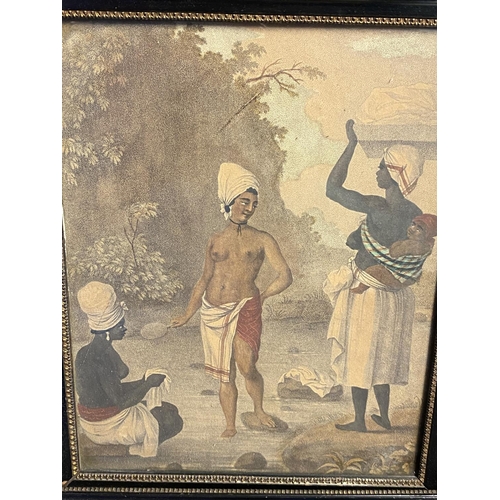 327 - Six framed and glazed prints,  of late C19th native characters in street scenes, with much wear to t... 