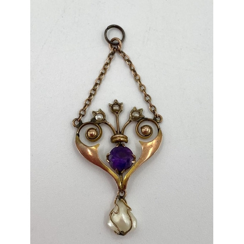 33 - A 9ct gold fancy link necklace 5.70g, and A 9ct gold Art Nouveau pendant set with Amethyst and seed ... 