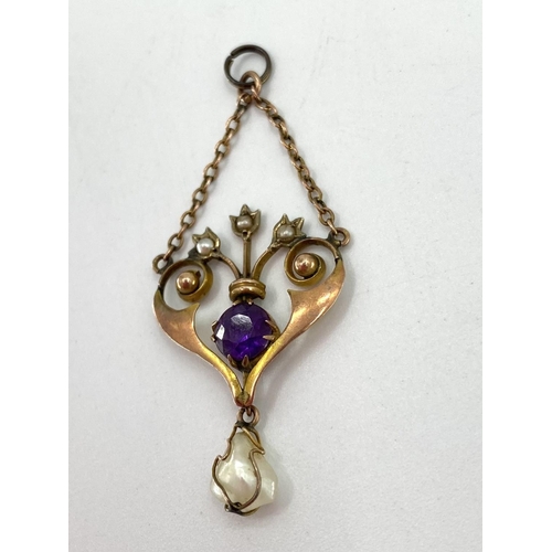 33 - A 9ct gold fancy link necklace 5.70g, and A 9ct gold Art Nouveau pendant set with Amethyst and seed ... 