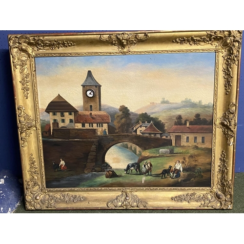 333 - C19th Continental oil on canvas Clock and Musical box picture. Naive village scene. Repaired hole to... 