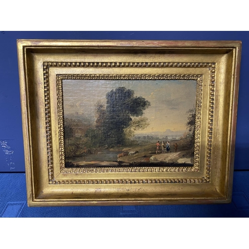 345 - An C18th Italian school, Figures in a Romantic Landscape, oil on canvas, in a gilt frame, 13.5 x 19c... 