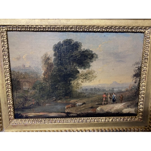 345 - An C18th Italian school, Figures in a Romantic Landscape, oil on canvas, in a gilt frame, 13.5 x 19c... 