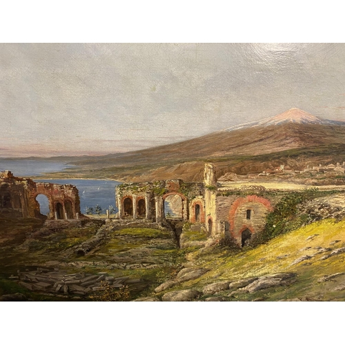 358 - C19th/C20th oil on canvas, Taormina, 50 x 68cm, in gilt frame and a watercolour of a church, by C Wi... 