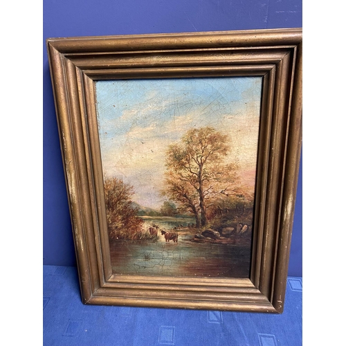 365 - Gilt framed painting of 2 cattle in landscape