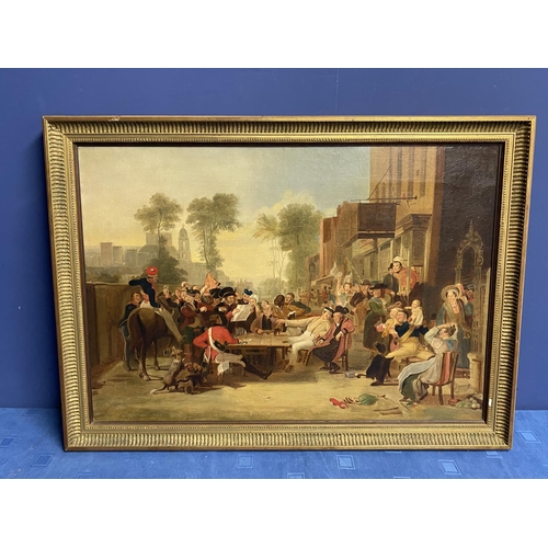 375 - A C19th oil of military interest, street scene, unsigned, in gilt frame, 50 x 71cm