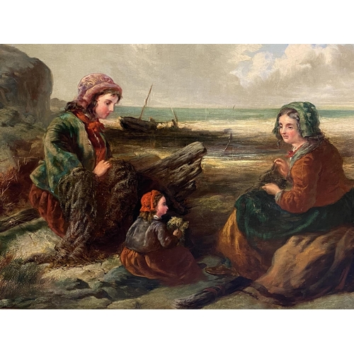 377 - Large Victorian Cornish School, Marine beach scene of ladies and child, unsigned , some chalk marks ... 