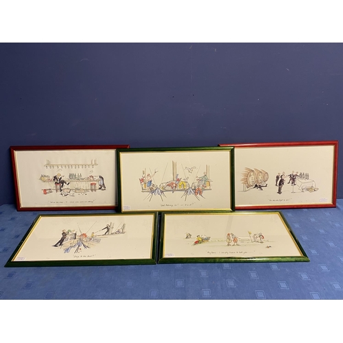 378 - Harlequin Set of five framed, red and green,  and glazed limited edition Felix Rosenthal humorous lo... 