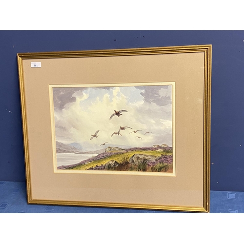 381 - J C HARRISON (1898-1985), watercolour on paper, Grouse in Flight, on glazed frame, 28x 40cm, signed ... 