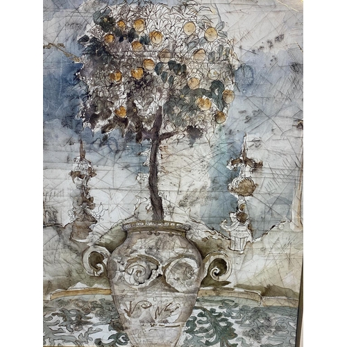 385 - A pair of Contemporary framed and glazed pictures of trees, in classical urns , signed Brandon, 81 x... 