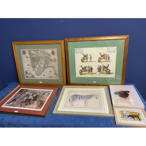 392 - A quantity of framed and glazed pictures, to include a map of Germany, Zebra, Labrador, pug, and A  ... 