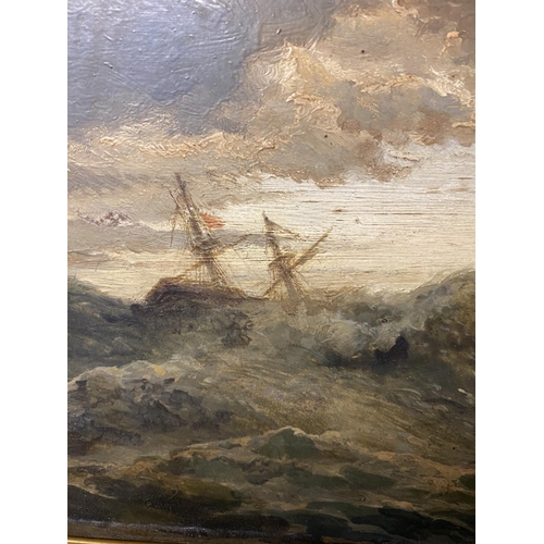 403 - A C19th oil on board of a ship in stormy seas, in a gilt frame (unsigned) 17 cm x 24 cm for the actu... 