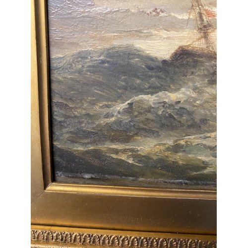 403 - A C19th oil on board of a ship in stormy seas, in a gilt frame (unsigned) 17 cm x 24 cm for the actu... 