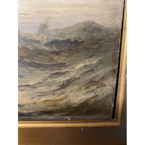 403 - A C19th oil on board of a ship in stormy seas, in a gilt frame (unsigned) 17 cm x 24 cm for the actu... 