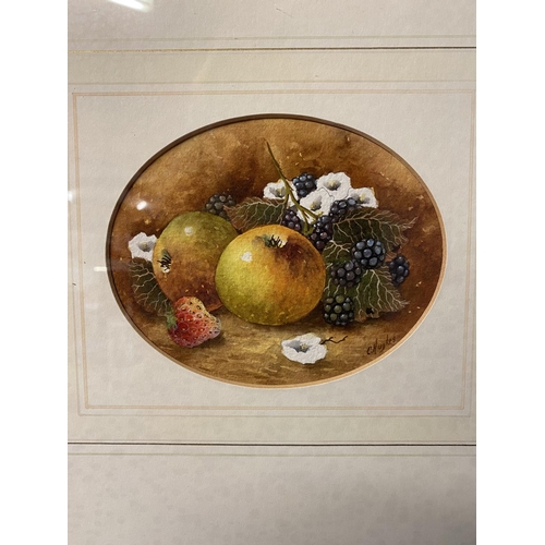 409 - C Hughes (Royal Worcester) , a pair of watercolour still life with fruit and berries, oval mount in ... 