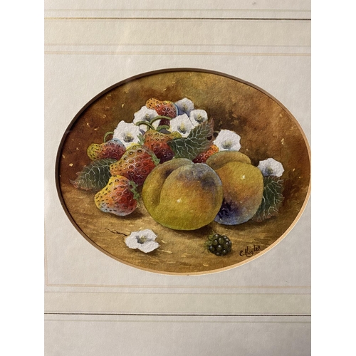 409 - C Hughes (Royal Worcester) , a pair of watercolour still life with fruit and berries, oval mount in ... 