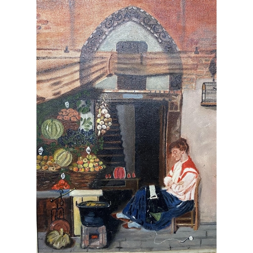 420 - Spanish school, Oil on canvas of lady selling fruit, unsigned in gilt gesso frame together  with a f... 