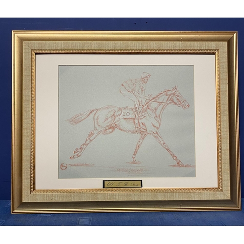 421 - A print of a horse and jockey in an unglazed frame