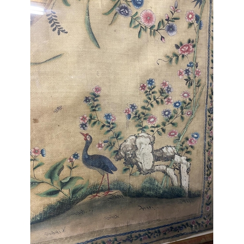 432 - A large C18th PAINTED panel, depicting fauna, butterflies and insects in a glazed faux bamboo frame ... 