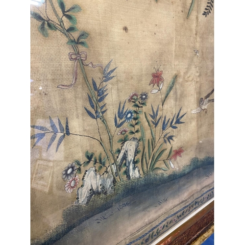 432 - A large C18th PAINTED panel, depicting fauna, butterflies and insects in a glazed faux bamboo frame ... 