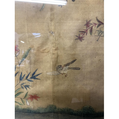 432 - A large C18th PAINTED panel, depicting fauna, butterflies and insects in a glazed faux bamboo frame ... 