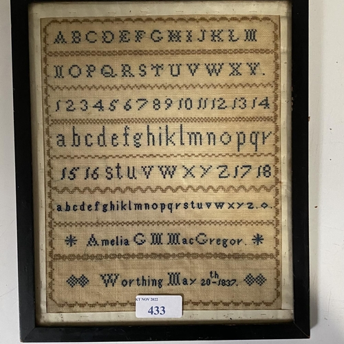 433 - Amelia MaCregor, sampler, dated 1837;  after W Owen, colour print, The Fortune Teller 51 x 41 framed... 