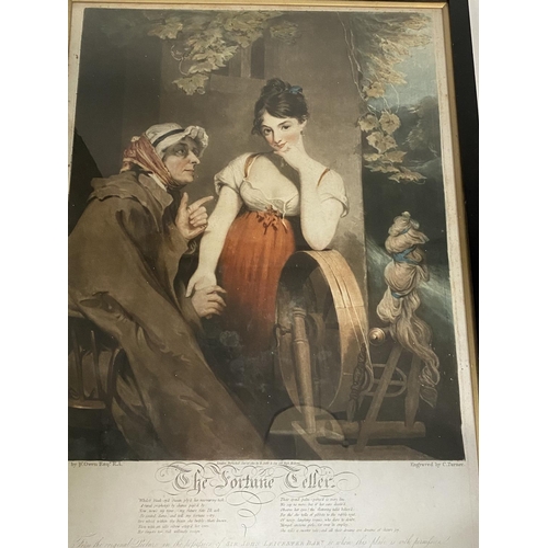 433 - Amelia MaCregor, sampler, dated 1837;  after W Owen, colour print, The Fortune Teller 51 x 41 framed... 